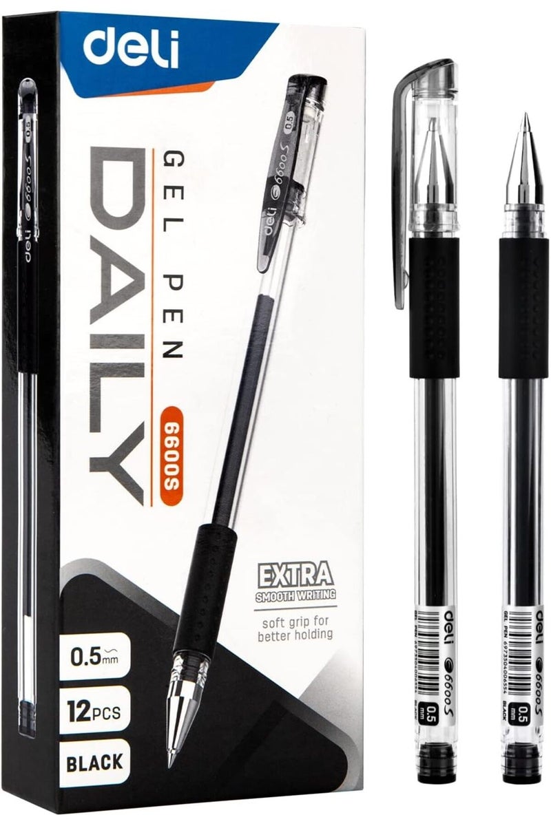 Deli 12pcs - Daily Black Gel Pen Set, 0.5mm Bullet Nib, (E6600S) - Image 3